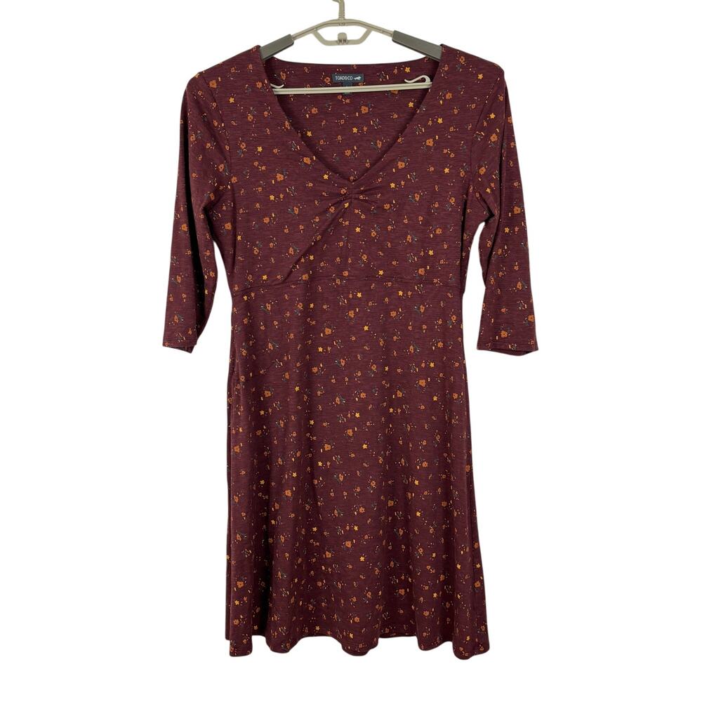 Toad & Co Rosalinda II Dress Burgundy Floral Print 3/4 sleeve Large